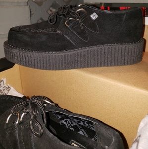 T.U.K black suede low round creepers